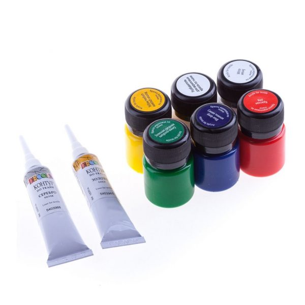 Набор по ткани Decola, краски акриловые 5*20мл, контуры в тубах 2*18мл, разбавитель