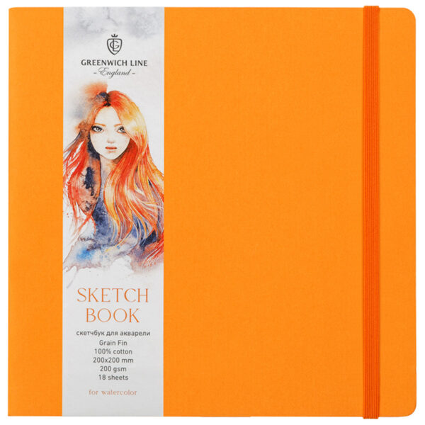 Скетчбук для акварели 18л. 200*200 Greenwich Line, оранжевый, 100% хлопок, 200 г/м2, на резинке