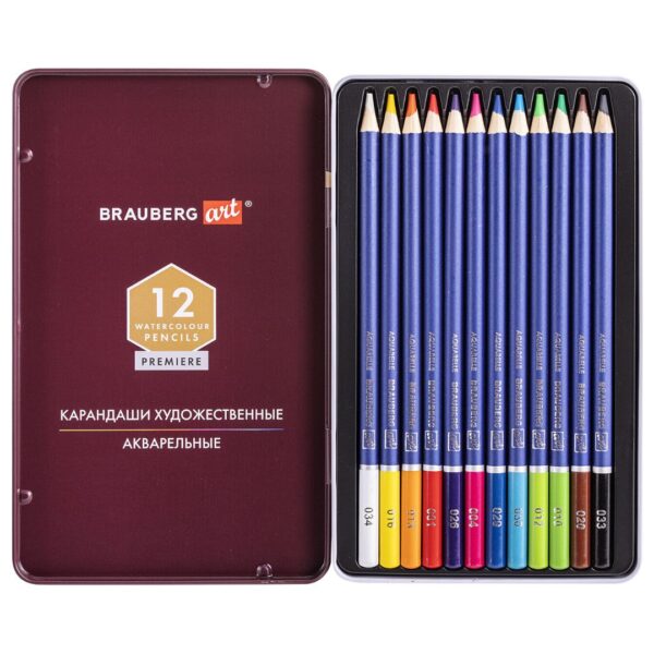 Карандаши художественные акварельные BRAUBERG ART PREMIERE, 12 цветов, грифель 4мм.