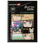 Скетчбук BRAUBERG АНИМЕ, 146х204 мм, 4 типа бумаги (акварельная, белая, черная, крафт) 60 листов.
