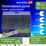 Капиллярные ручки линеры BRAUBERG, 0,15-3,0мм, черные, 16 штук.