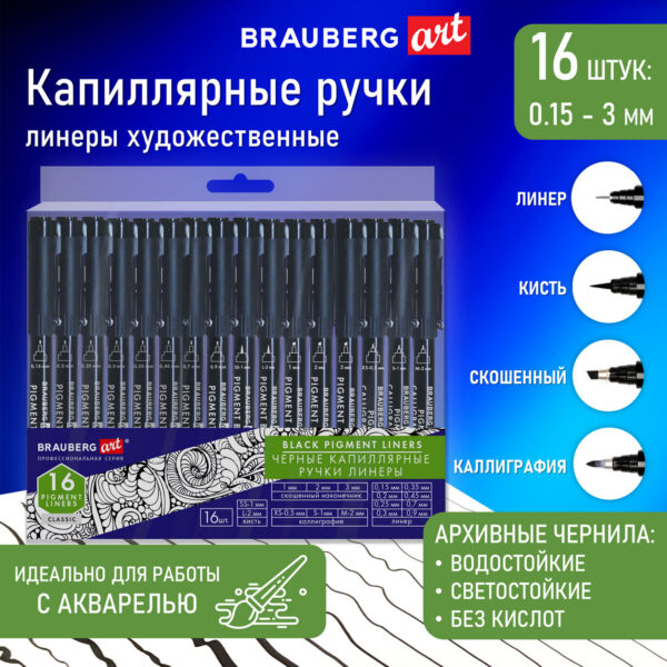Капиллярные ручки линеры BRAUBERG, 0,15-3,0мм, черные, 16 штук.